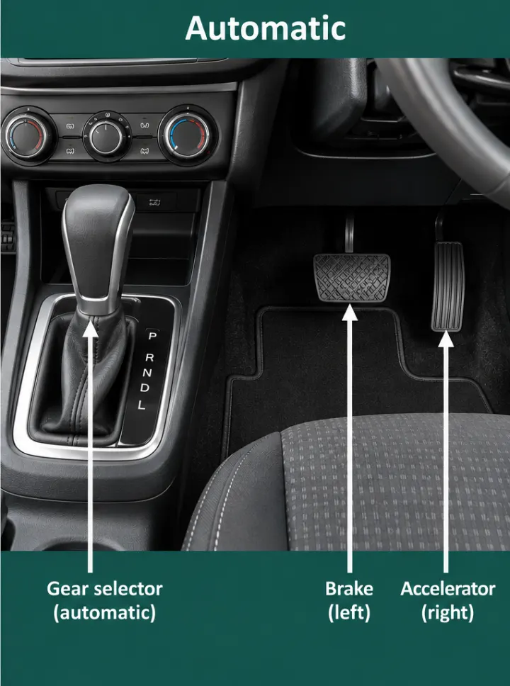 Inside an automatic car: a gear selector marked P, R, N, D, and two pedals — brake on the left, accelerator on the right
